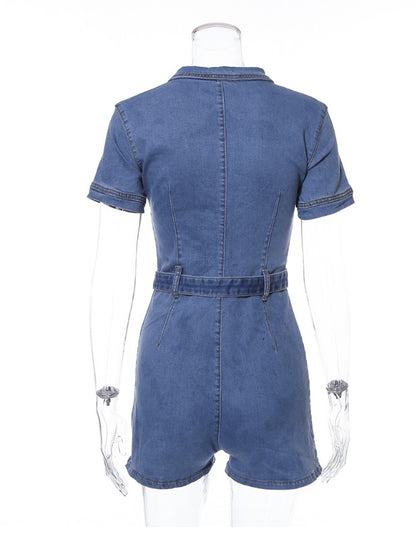 Women's Deep V Zipper Denim Shorts Jumpsuit – High Waist Belt & Pockets