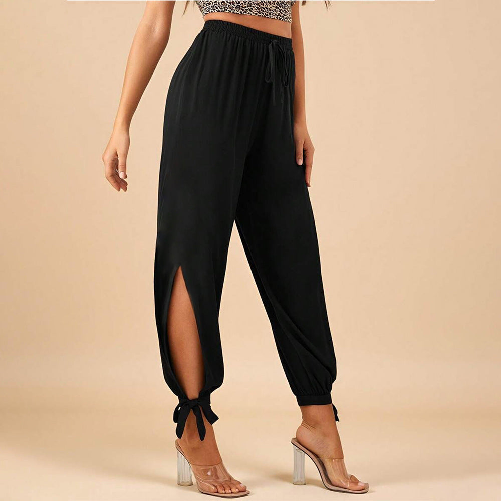 Women's High-Waist Drawstring Harem Pants with Tie Cuffs