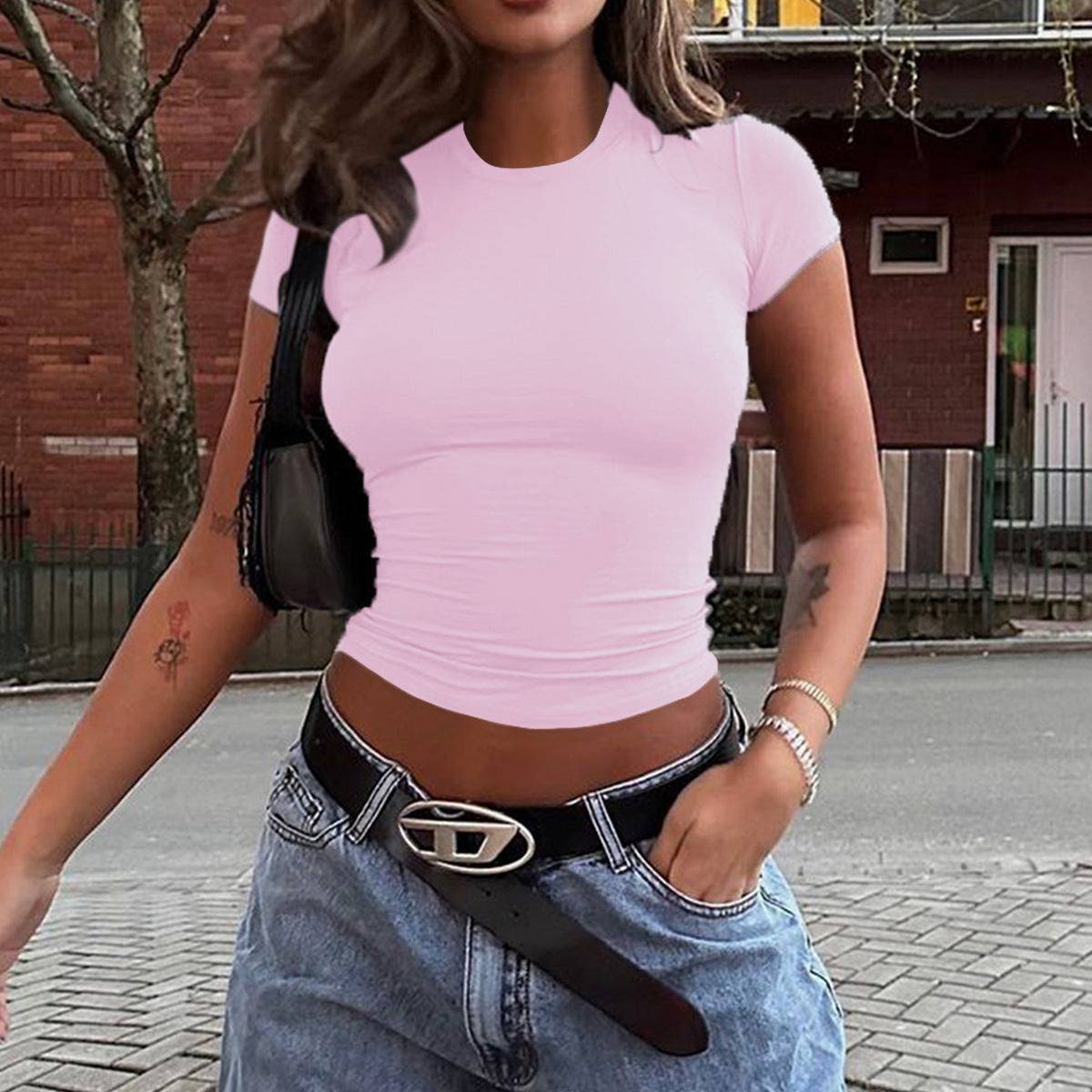 Women's Solid Color Midriff Crop Top – Slim Fit Short Sleeve in 7 Colors (S-XL)