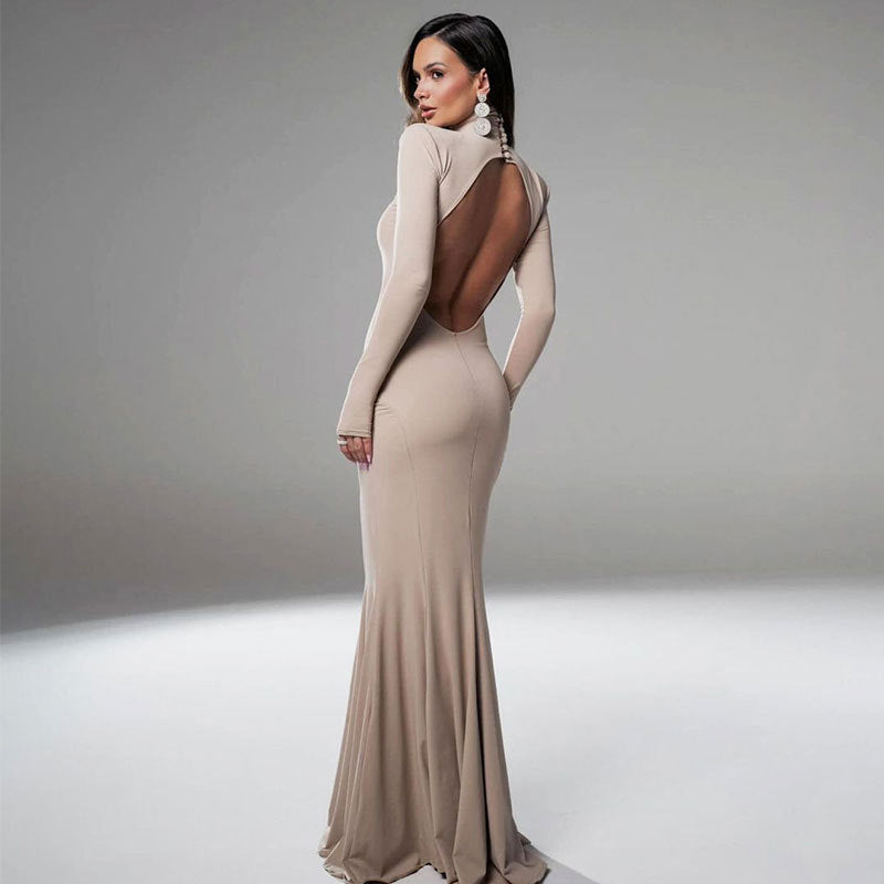 Women's Backless Long Sleeve Bodycon Evening Party Dress – High Waist Maxi Hip Skirt