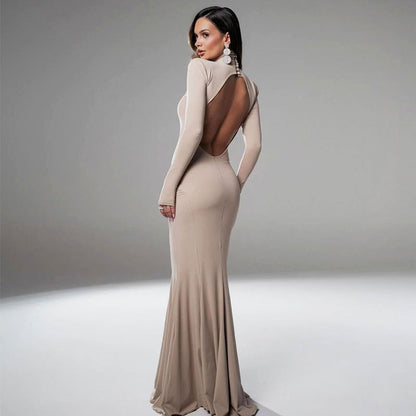 Women's Backless Long Sleeve Bodycon Evening Party Dress – High Waist Maxi Hip Skirt
