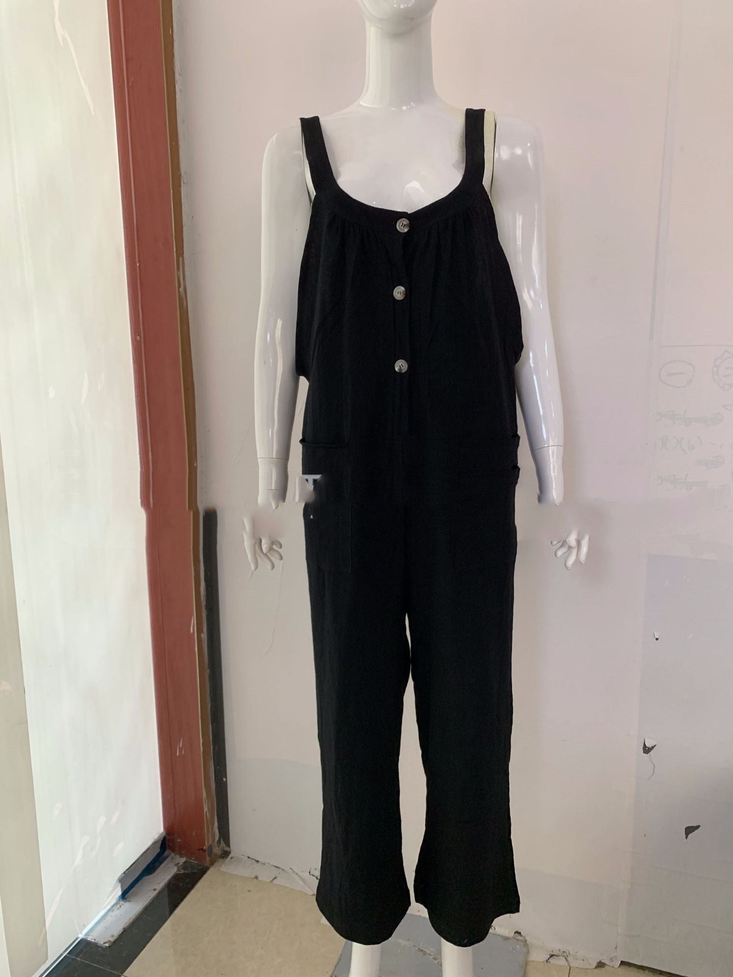 Women's Cotton Romper with Pockets – Elastic Waist Button Detail S–5XL