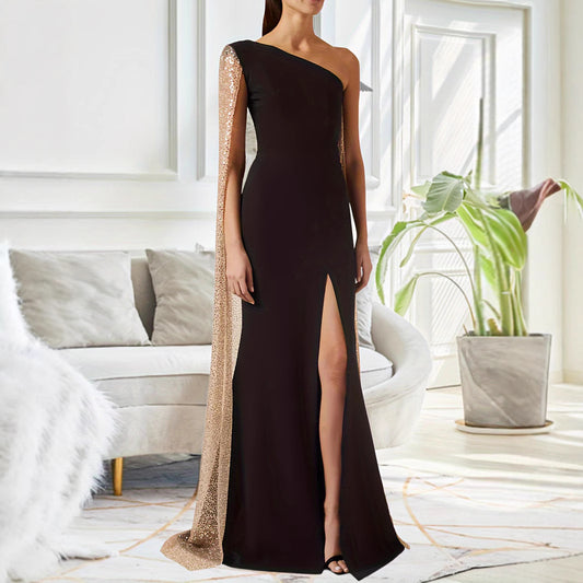 Women's One-Shoulder Cloak Slit Black Maxi Dress – Long Sleeve Party Dress