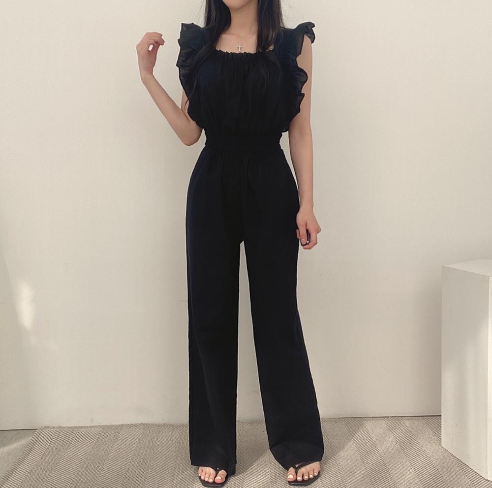Women's French Retro Square Collar Ruffle Sleeve High Waist Wide Leg Jumpsuit – Black Brown Beige S–XL