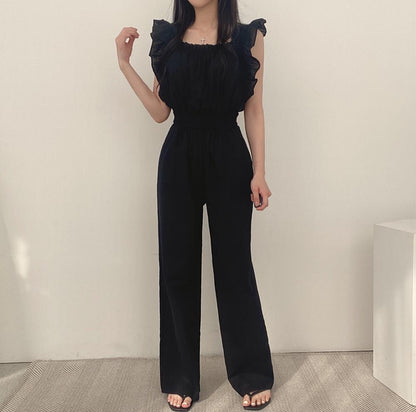 Women's French Retro Square Collar Ruffle Sleeve High Waist Wide Leg Jumpsuit – Black Brown Beige S–XL