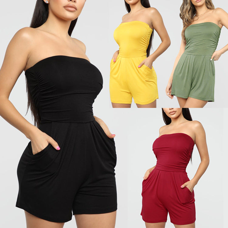 Women's Wrapped Chest Wide-Leg Shorts Jumpsuit – 4 Colors Casual Lounge S–XL