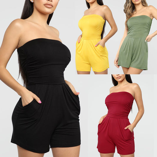 Women's Wrapped Chest Wide-Leg Shorts Jumpsuit – 4 Colors Casual Lounge S–XL