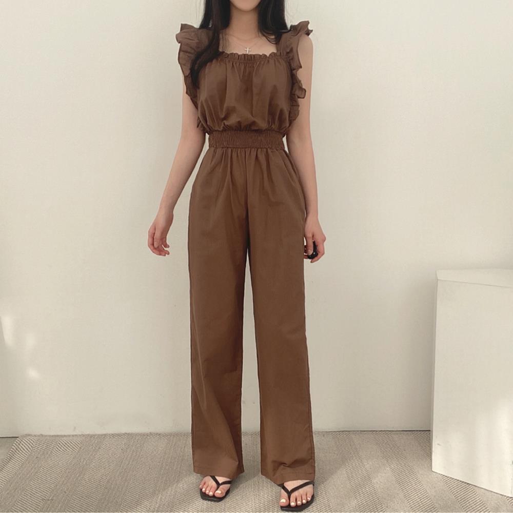 Women's French Retro Square Collar Ruffle Sleeve High Waist Wide Leg Jumpsuit – Black Brown Beige S–XL