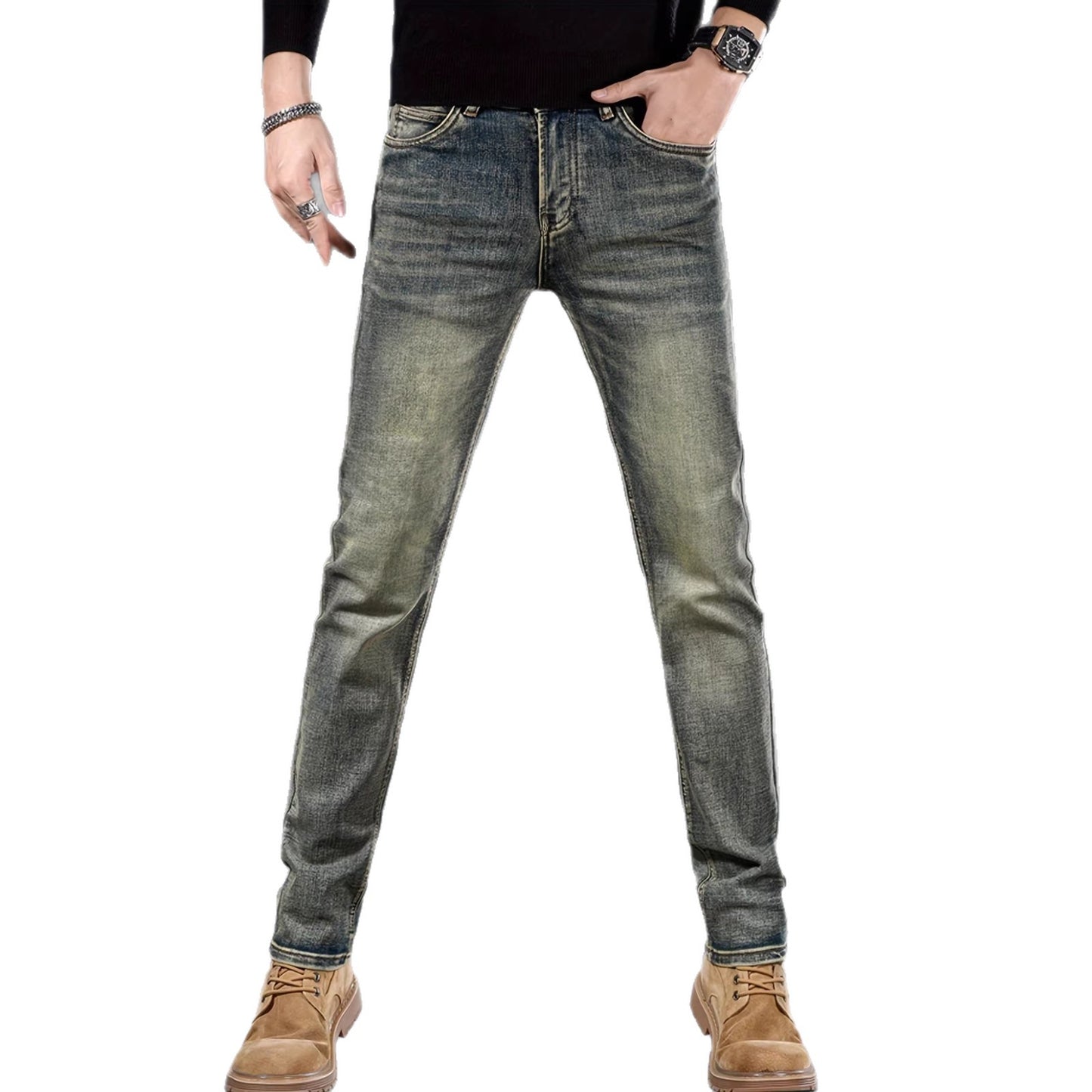 Men's Retro Blue Skinny Jeans – Slim Fit Stretch Streetwear Denim