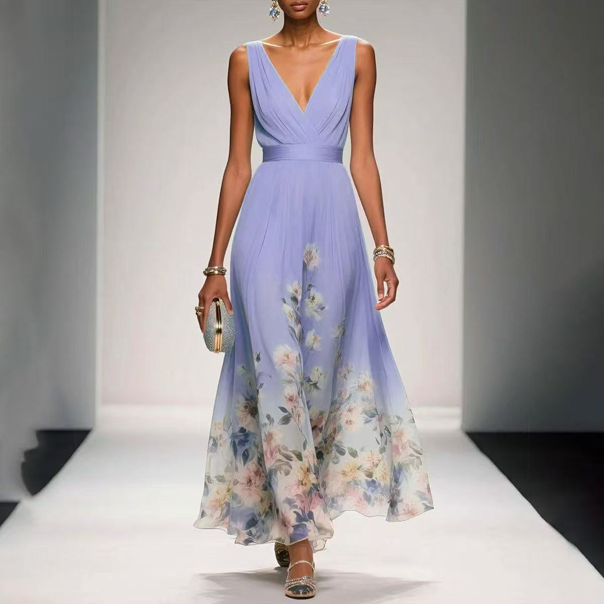 Women's Elegant V-Neck Sleeveless Maxi Evening Gown – High Waist Long Dress