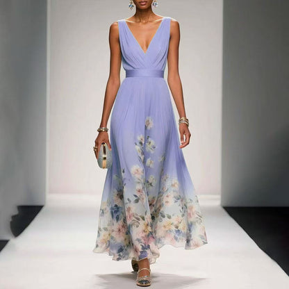 Women's Elegant V-Neck Sleeveless Maxi Evening Gown – High Waist Long Dress