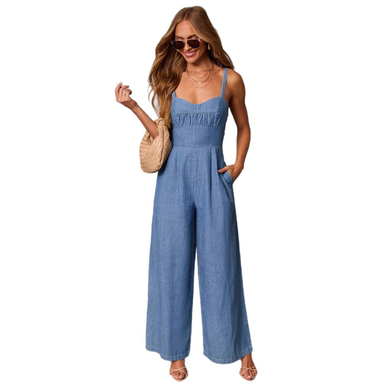 Women's High Waist Workwear Jumpsuit with Pockets – Solid Blue S–XL