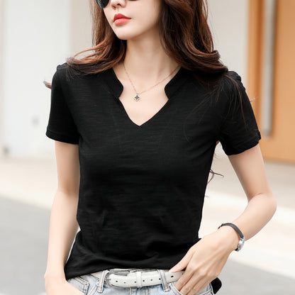 Women's Loose V-Neck Slub Cotton T-Shirt – Casual Summer Tee in 4 Colors (S-3XL)