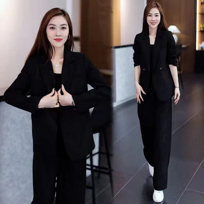 Women's Plus Size Casual Blazer & Wide-Leg Pants Two-Piece Set – Loose Slimming Fit