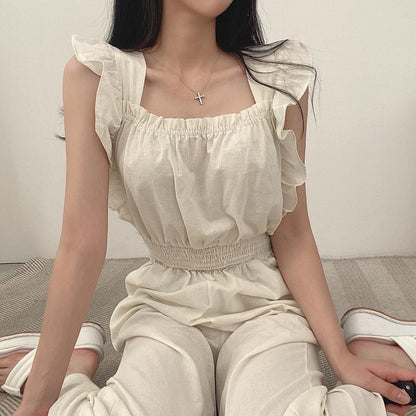 Women's French Retro Square Collar Ruffle Sleeve High Waist Wide Leg Jumpsuit – Black Brown Beige S–XL
