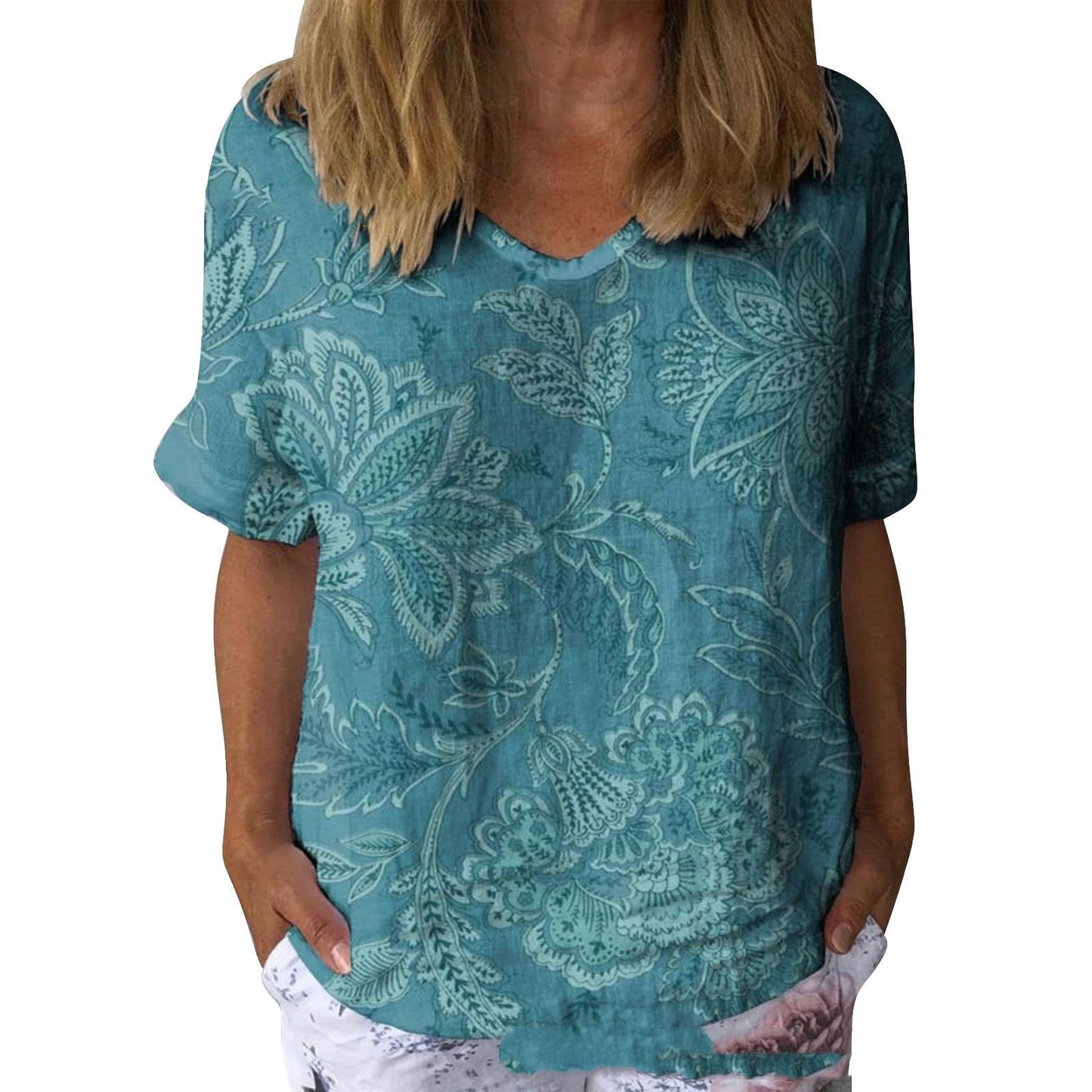 Women's 3D Digital Print V-Neck Short Sleeve Top – Plus Size