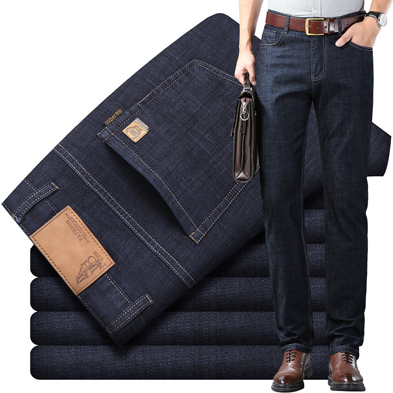 Men's Ice Silk Cotton High-Waist Straight Leg Jeans – Breathable Stretch Denim 28–40