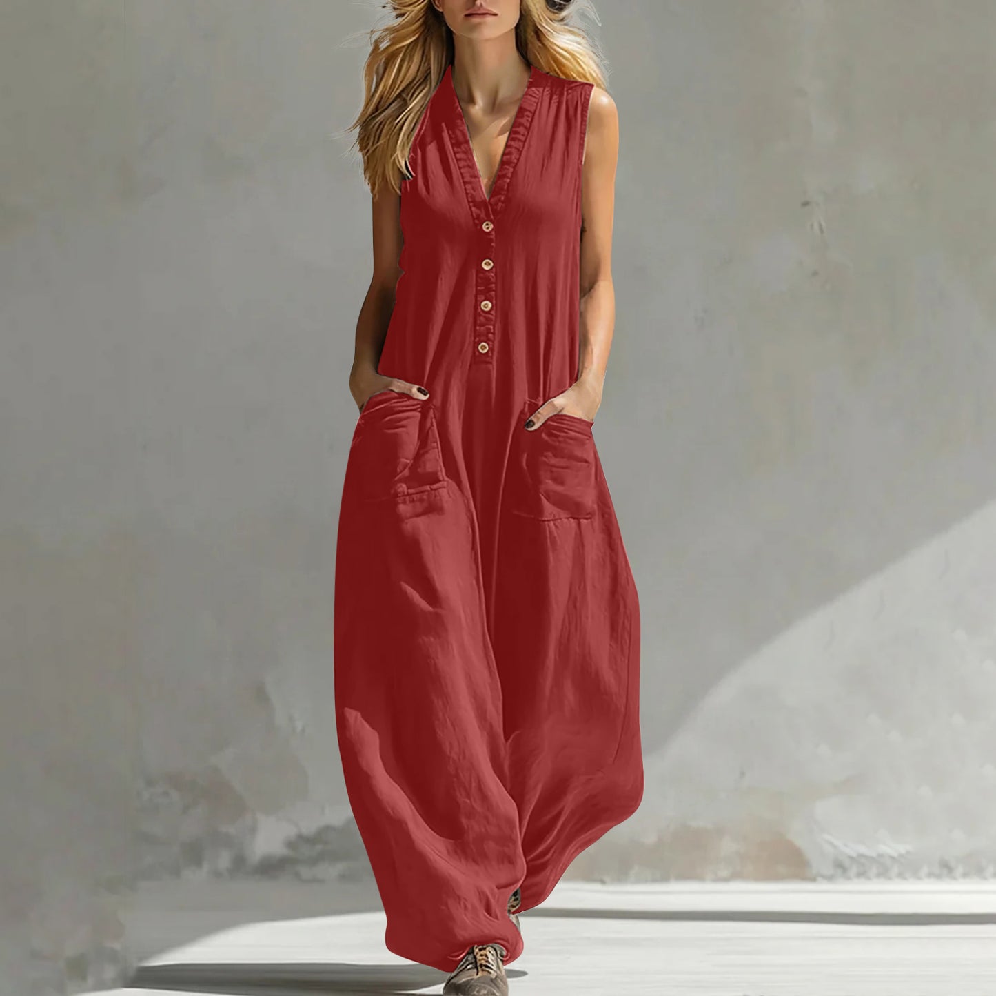 Women's Sleeveless Linen-Look Jumpsuit – Casual Strap Style with Two Pockets