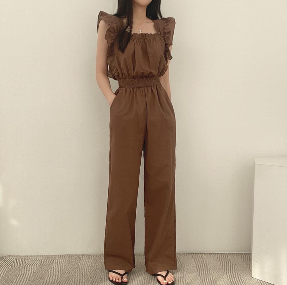 Women's French Retro Square Collar Ruffle Sleeve High Waist Wide Leg Jumpsuit – Black Brown Beige S–XL