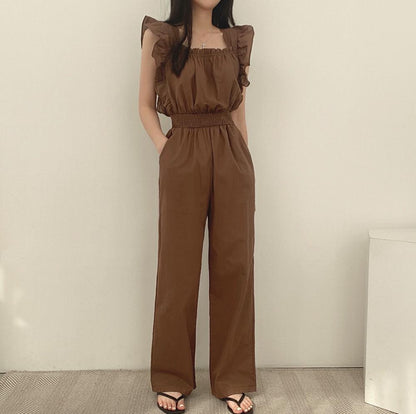 Women's French Retro Square Collar Ruffle Sleeve High Waist Wide Leg Jumpsuit – Black Brown Beige S–XL