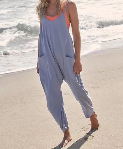 Women's Spaghetti Strap Loose Jumpsuit – Wide Leg Pockets & Zipper S–4XL