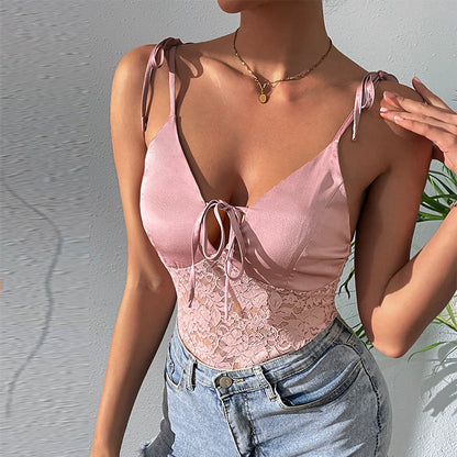 Women's Lace Halter Open-Back Bodysuit – Solid Pink Skinny Fit S–XL