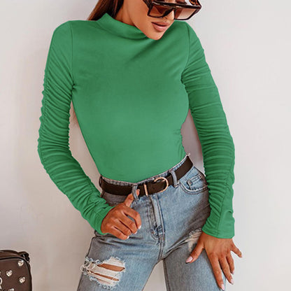 Women's Slim Fit Velvet Pleated Top – Half-High Collar Long Sleeve Pink & Green S–XL