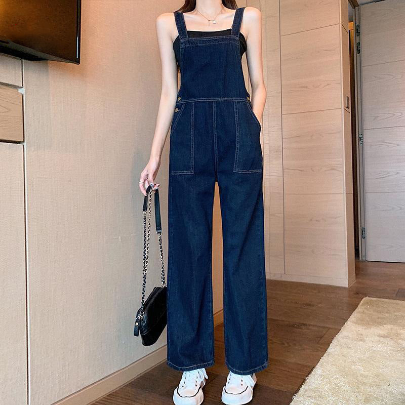 Women's High-Waist Dark Denim Overalls with Black Vest – Dark Blue S–2XL