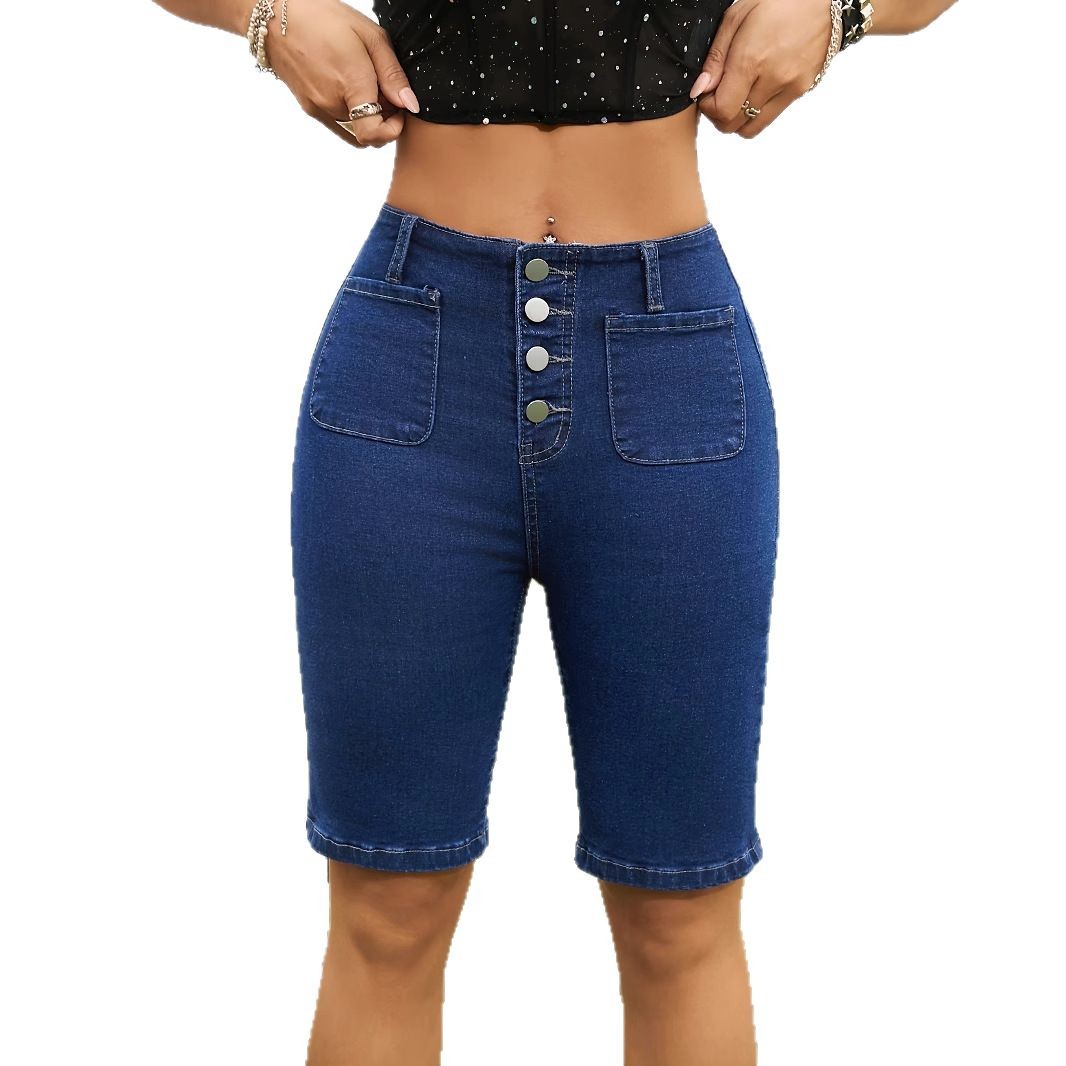 Women's High-Waist Button-Fly Stretch Denim Shorts – Dark Blue Street Style S–XXL