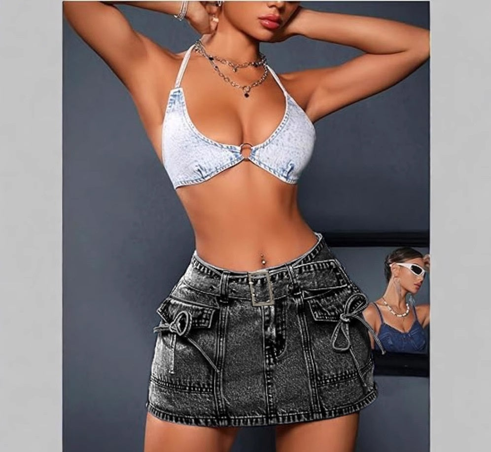 Women's High-Waist Retro Skinny Shorts with Belt – Stretch Denim-Style S–XXL