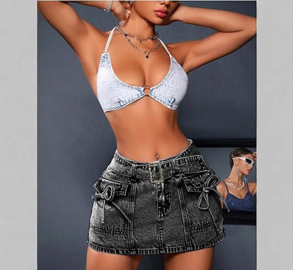 Women's High-Waist Retro Skinny Shorts with Belt – Stretch Denim-Style S–XXL