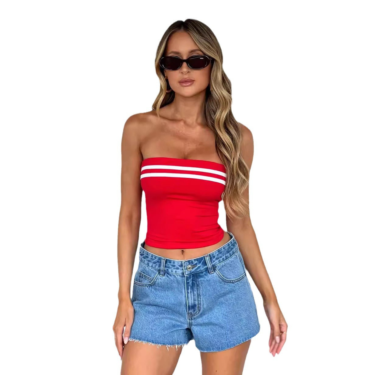 Women's Contrast Color Striped Tube Top – Slim Fit Knit Street Style (Black & Red, S-XL)