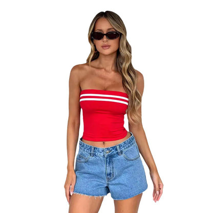 Women's Contrast Color Striped Tube Top – Slim Fit Knit Street Style (Black & Red, S-XL)