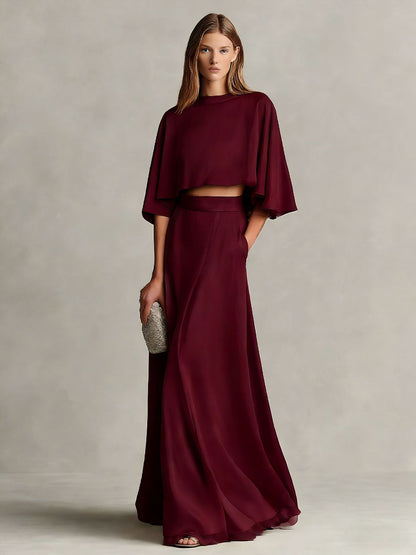 Women's Satin Patchwork Two-Piece Set – Three-Quarter Sleeve Top & Skirt