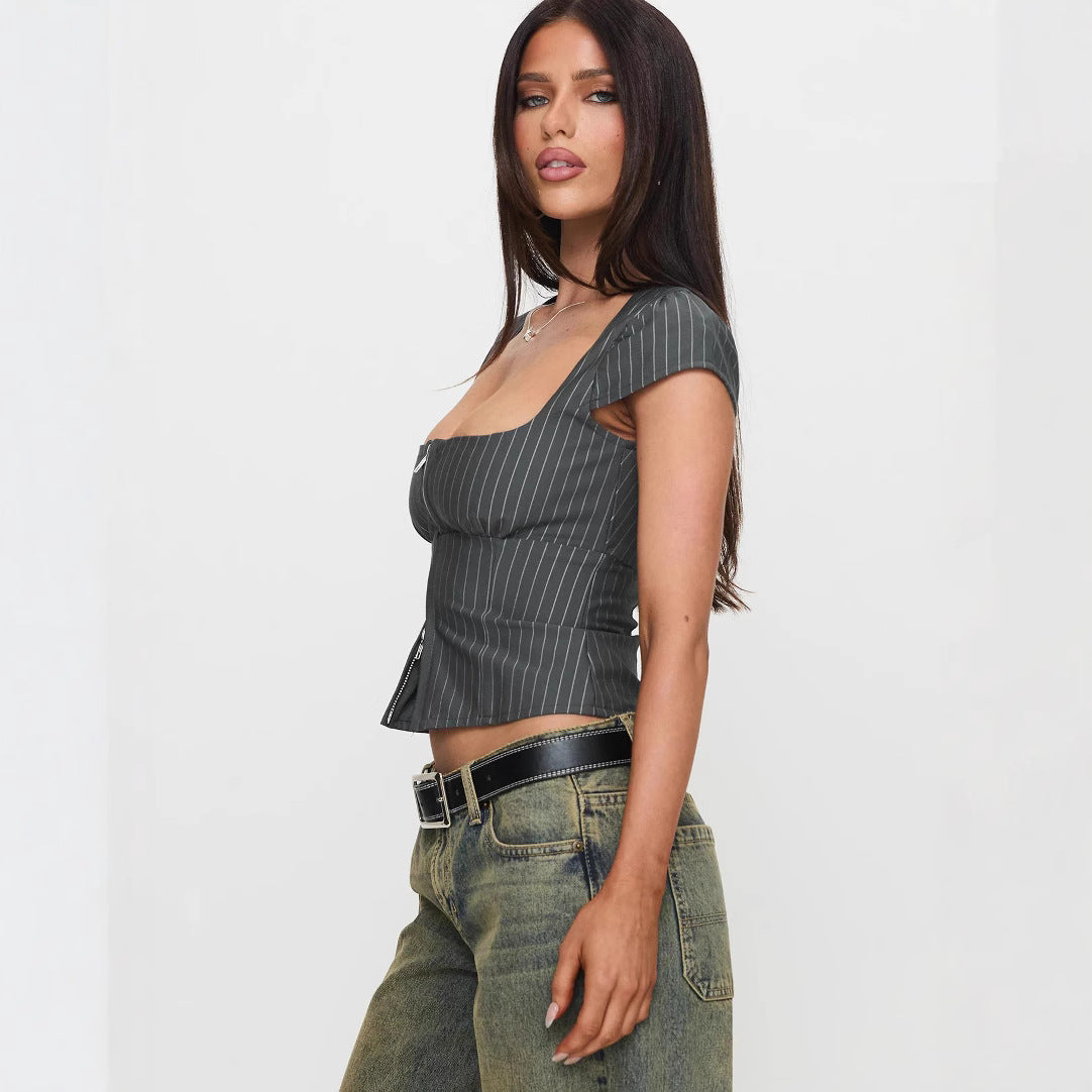 Women's Retro Square Neck Double Zipper Top – Slim Fit Striped