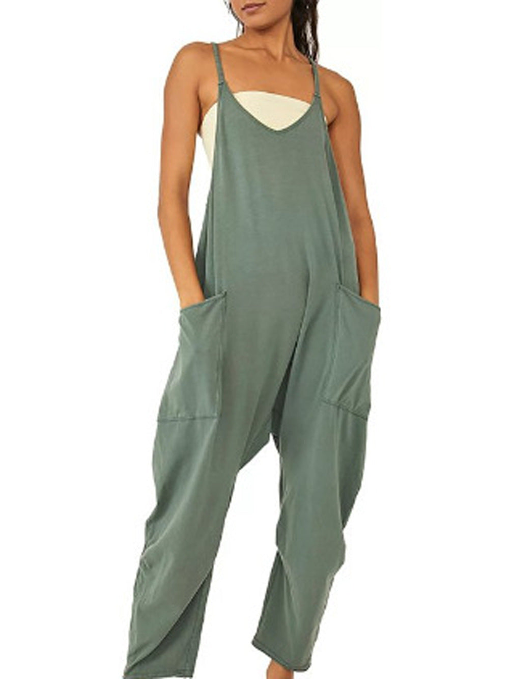 Women's Spaghetti Strap Loose Jumpsuit – Wide Leg Pockets & Zipper S–4XL