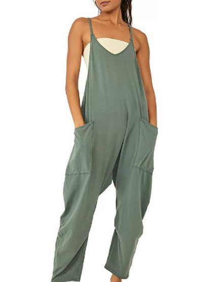 Women's Spaghetti Strap Loose Jumpsuit – Wide Leg Pockets & Zipper S–4XL