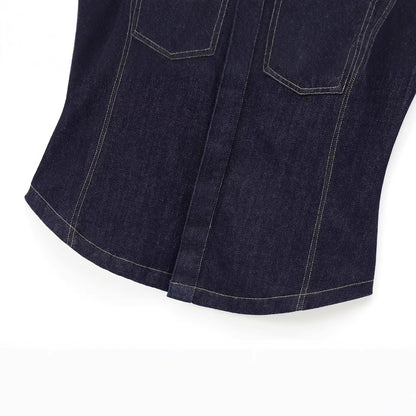Women's Sleeveless Denim Lapel Shirt – String Detail Street Style