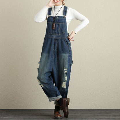 Women's Vintage Loose Denim Suspender Jumpsuit – Ripped Cotton One Size Light & Dark Blue