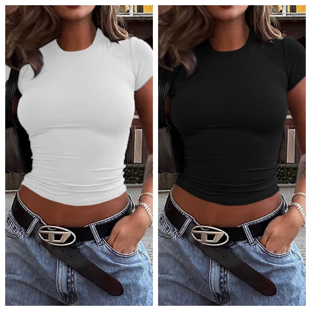 Women's Solid Color Midriff Crop Top – Slim Fit Short Sleeve in 7 Colors (S-XL)