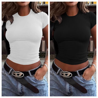 Women's Solid Color Midriff Crop Top – Slim Fit Short Sleeve in 7 Colors (S-XL)
