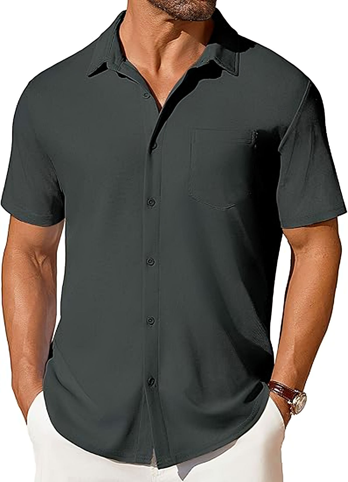 Men's Short Sleeve Button-Up Shirt – Slim Fit Wrinkle-Resistant