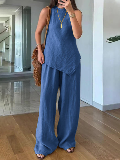 Women's Casual Sleeveless Crew-Neck Two-Piece Set with Pockets