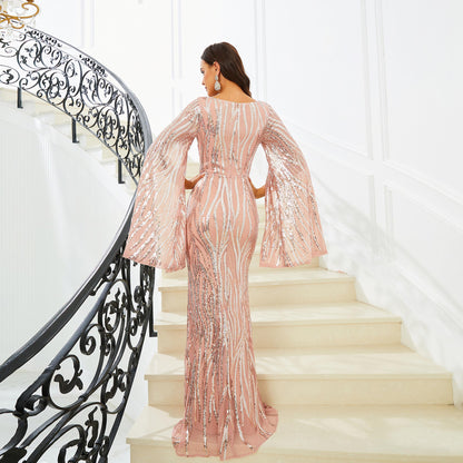 Women's Long Sleeve V-Neck Sequined Fishtail Banquet Dress – High Waist Maxi Gown