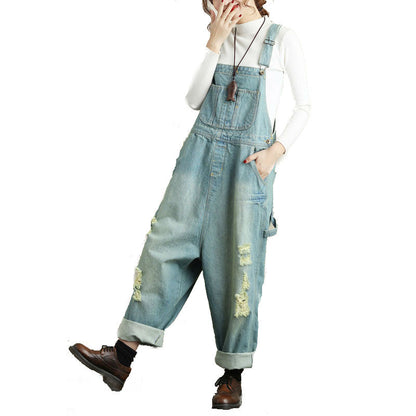 Women's Vintage Loose Denim Suspender Jumpsuit – Ripped Cotton One Size Light & Dark Blue
