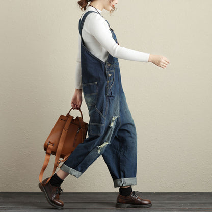 Women's Vintage Loose Denim Suspender Jumpsuit – Ripped Cotton One Size Light & Dark Blue