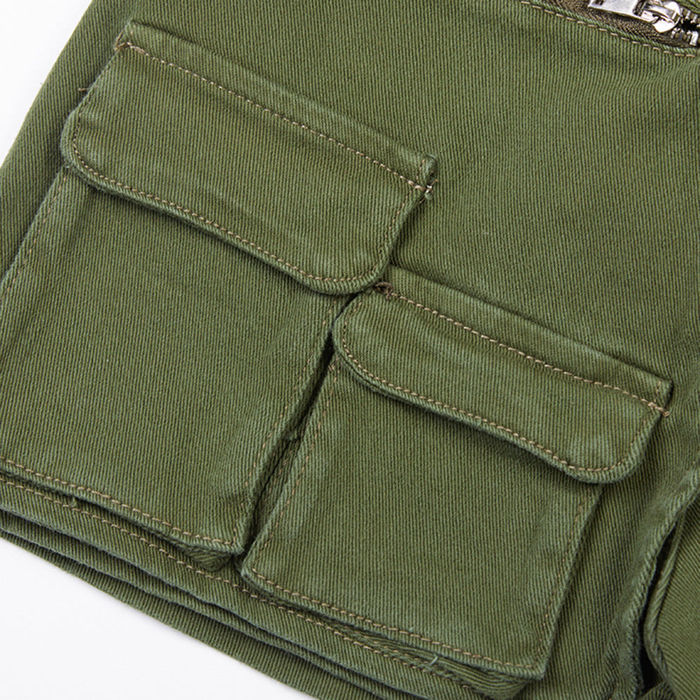 Women's Mid-Waist Cotton Denim Hot Pants – Belt Loop Detail in Green & Black S–XL