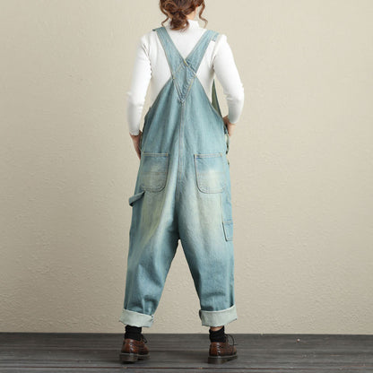 Women's Vintage Loose Denim Suspender Jumpsuit – Ripped Cotton One Size Light & Dark Blue