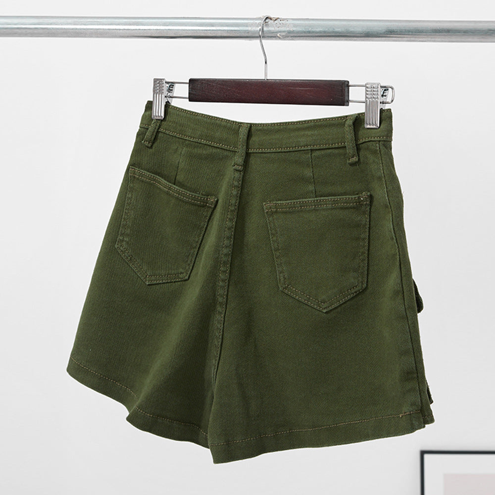 Women's Mid-Waist Cotton Denim Hot Pants – Belt Loop Detail in Green & Black S–XL
