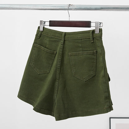 Women's Mid-Waist Cotton Denim Hot Pants – Belt Loop Detail in Green & Black S–XL